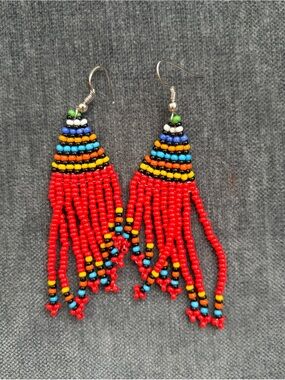 NEW African Handmade Beadedii Red Multi Color Earrings. Bought in Africa. Masai
